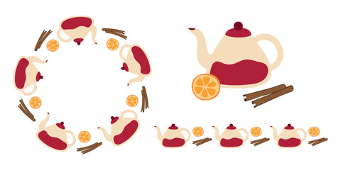 Teapot, Orange, Cinnamon sticks. Seamless brush, wreath or frame. Tea party, round Citrus slice and Spice. Glass Kettle, Tea utensils. Circular ornament. Cozy homey flat design. Vector illustration.