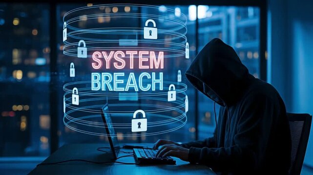 System breach concept with a hacker in the dark. Highlighting risks of cybercrime.