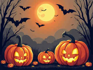Vector halloween fashion design for children notepad. Funny glowing pumpkin with smile.
Flying bats against the moon at night in forest. 
Cartoon autumn drawing.