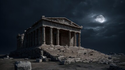 Obraz premium Ancient ruined stone temple, lit by the moon, under a dramatic cloudy night sky