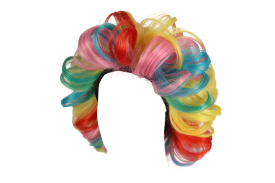A vibrant rainbow-colored wig, styled in large curls, isolated on a transparent background. background removed