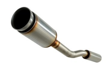 Stainless steel exhaust pipe with a cylindrical body and a curved tailpipe, isolated on a transparent background. background removed