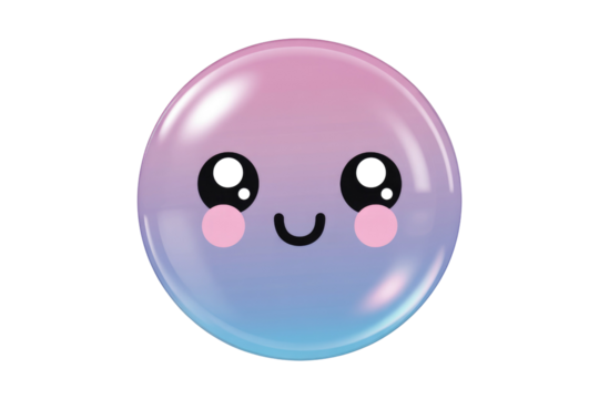 A cute, smiling, transparent bubble with pastel pink and blue gradient. background removed