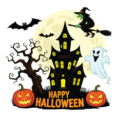 Classic Halloween Night Illustration Featuring a Creepy Mansion, Bare Tree, and Greeting Text for Party Invitation