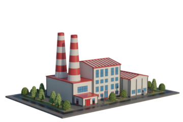 Low-poly 3D model of a factory with two red and white striped chimneys, surrounded by trees. background removed