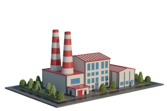 Low-poly 3D model of a factory with two red and white striped chimneys, surrounded by trees. background removed