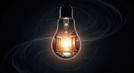 Conceptual brilliance illuminating classical wisdom within a glowing glass vessel, sparking intellectual discovery and insightful philosophical contemplation.