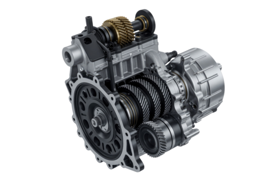 Detailed cutaway illustration of a complex automotive transmission system showcasing intricate gear mechanisms and components. background removed