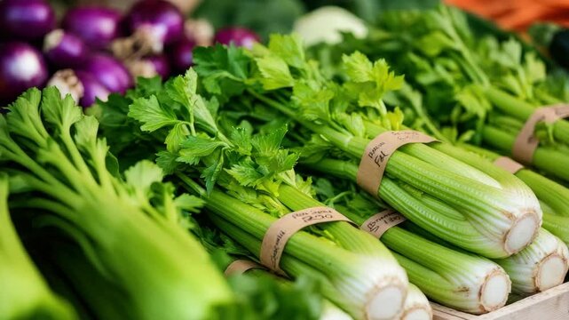 Fresh celery bunches displayed at farmers market