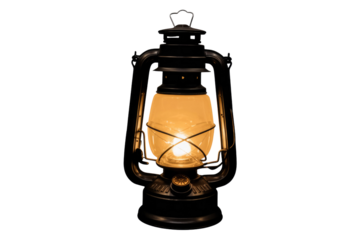 A vintage kerosene lantern glows brightly, isolated on a transparent background. background removed