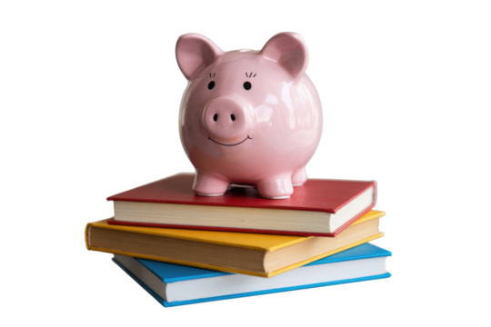 A pink piggy bank sits atop a stack of colorful books, symbolizing education savings and financial literacy. background removed