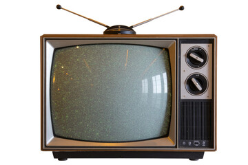 Vintage television with static screen and rabbit ear antennas, nostalgic retro image. background removed