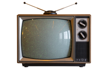 Vintage television with static screen and rabbit ear antennas, nostalgic retro image. background removed