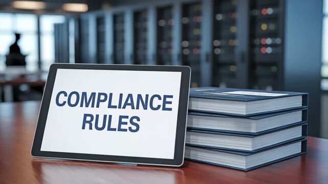 A digital tablet displays COMPLIANCE RULES alongside a stack of books in a professional setting. Concept of regulatory, governance.