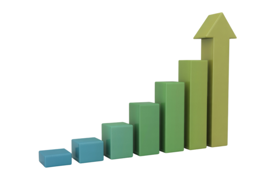 Ascending bar graph with upward arrow, illustrating growth and progress. background removed