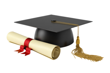 Graduation cap and diploma scroll, symbolizing academic achievement and success. background removed