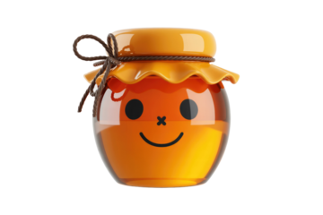 A cheerful honey jar with a smiling face, tied with a brown rope. background removed