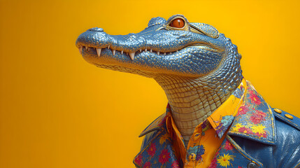 Stylish anthropomorphic crocodile in a floral shirt and blue leather jacket on a yellow background
