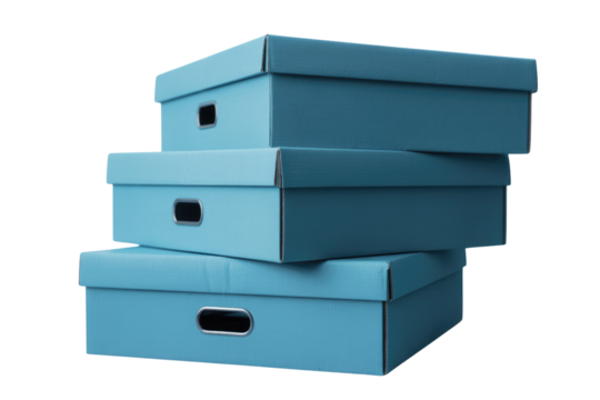 Stack of three light blue cardboard boxes with handles, isolated on a transparent background. background removed
