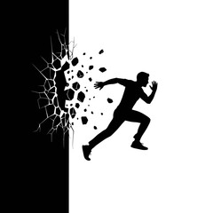 Obraz premium A determined runner shatters a barrier, a powerful graphic symbol of overcoming adversity and achieving freedom