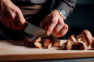 Hands skillfully chop a variety of mushrooms on a wooden cutting board. The setting features a sleek kitchen with subdued lighting, enhancing the culinary atmosphere