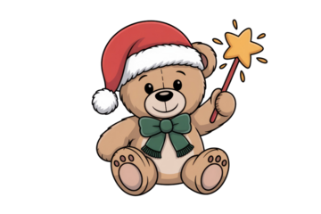 Adorable teddy bear in Santa hat, holding a star wand, Christmas spirit. background removed