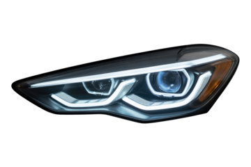Modern car headlight with LED daytime running lights and high beam. background removed