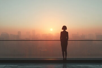 Fototapeta premium Businesswoman in a suit on a balcony with a city skyline at dawn 3D illustration