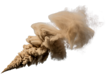 A plume of tan and brown dust explodes, creating a dynamic, textured cloud against a transparent background. background removed
