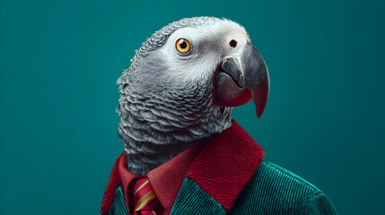 Elegant anthropomorphic parrot in a green velvet jacket and red tie on a teal background
