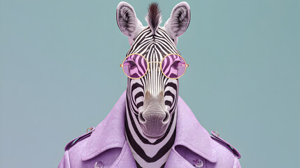 Fashionable anthropomorphic zebra wearing pink sunglasses and lilac coat on pastel background
