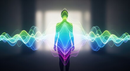 Luminous human energy field radiating vibrant waves of color, symbolizing inner spirit, consciousness, and vital force, abstract wave pattern