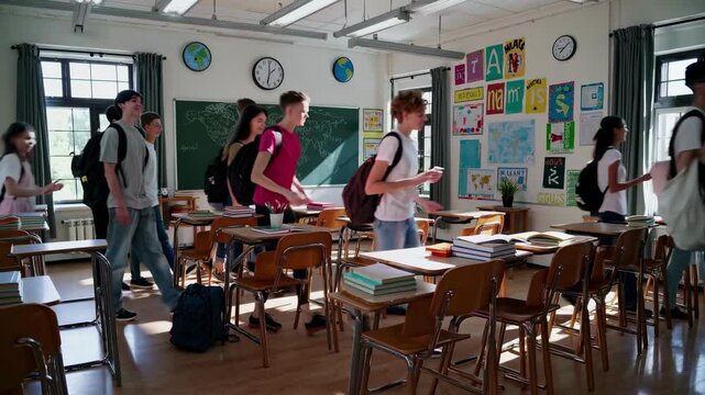 High-angle video of diverse students entering a bright classroom, capturing a lively and dynamic atmosphere with natural lighting and educational decor.