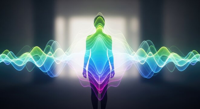 Luminous human energy field radiating vibrant waves of color, symbolizing inner spirit, consciousness, and vital force, abstract wave pattern