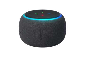 A dark gray fabric-covered smart speaker with a light blue ring and multicolored LED indicators on top. background removed