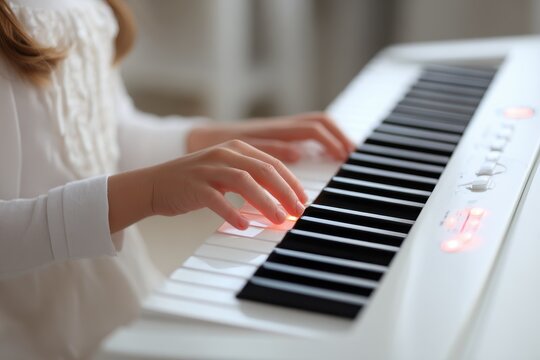 Child on keyboard Kids making music Artistic education for youth Music lesson Young girl with digital piano Instrument for beginners Music session at school or home