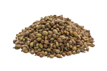 A close-up image of a pile of coriander seeds, showcasing their diverse colors and textures. background removed
