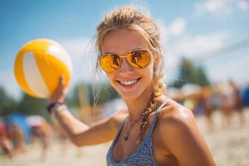 A young woman serves volleyball on a sunny beach showcasing athleticism and the lively spirit of summer sports
