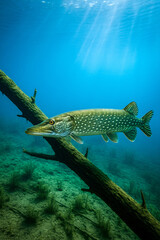 pike underwater in daylight in river water