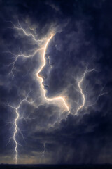 Lightning during a storm that forms the image of a girl in the blue evening sky