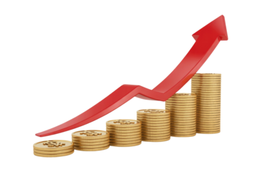 3D rendering of upward trending gold coins with a red arrow, symbolizing financial growth and investment success. background removed