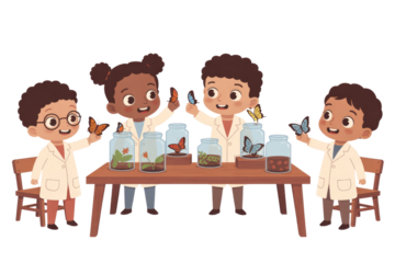 Four children in lab coats observe butterflies in jars, a scene of scientific exploration and nature study. background removed