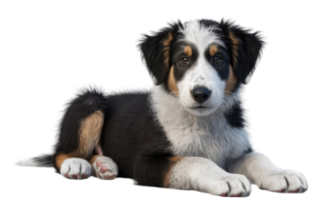 Adorable tri-color Border Collie puppy lying down, digital art. background removed