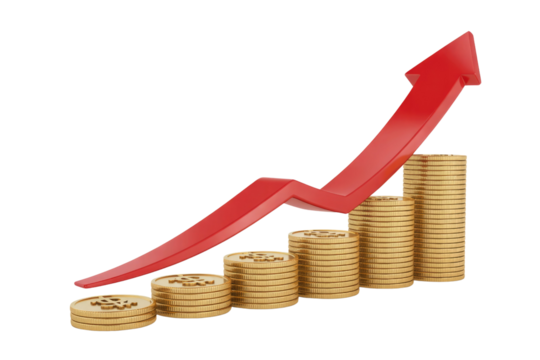 3D rendering of upward trending gold coins with a red arrow, symbolizing financial growth and investment success. background removed