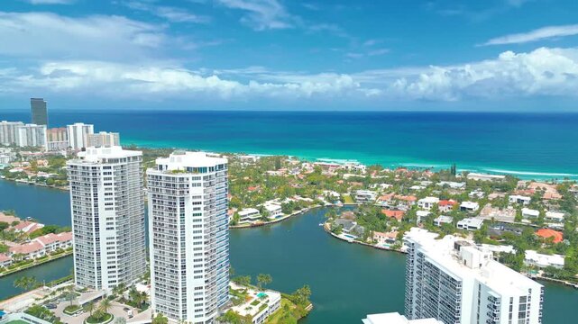 Beautiful Aerial Over Aventura, Florida, Urban Waterfront Living