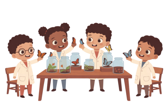 Four children in lab coats observe butterflies in jars, a scene of scientific exploration and nature study. background removed