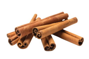 A close-up shot of several cinnamon sticks, showcasing their warm brown color and curled ends. background removed