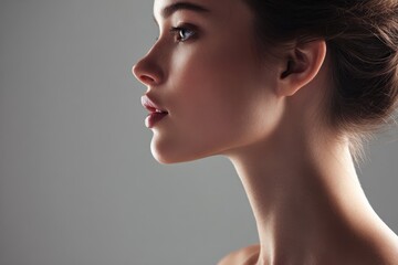 Profile portrait of a stunning woman with flawless skin against a gray backdrop
