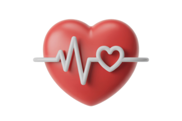 3D render of a red heart with a white heartbeat line, symbolizing health and love. background removed