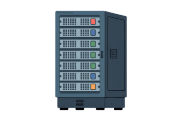 Illustration of a server rack with multiple units and colorful indicator lights. background removed